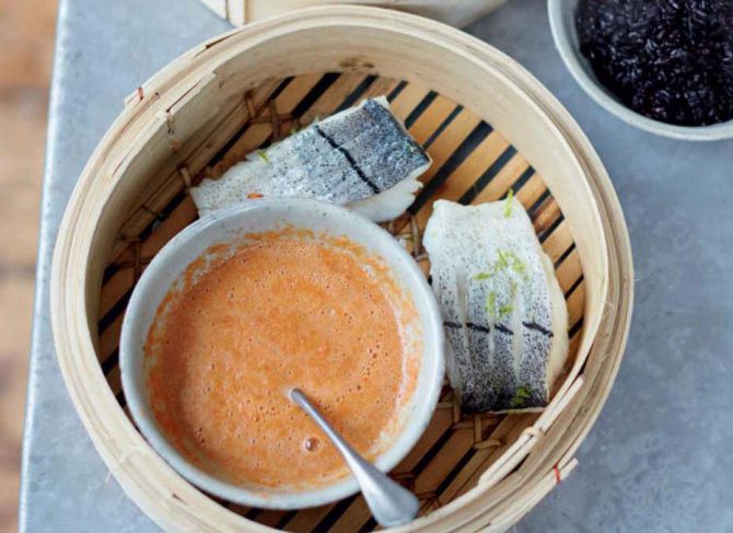 Asian Steamed Fish Black Rice, Greens & Chilli Sauce