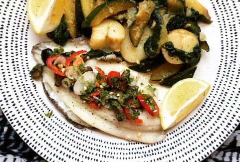 Lemon Sole & Olive Sauce Sweet Courgettes & Jersey Royals