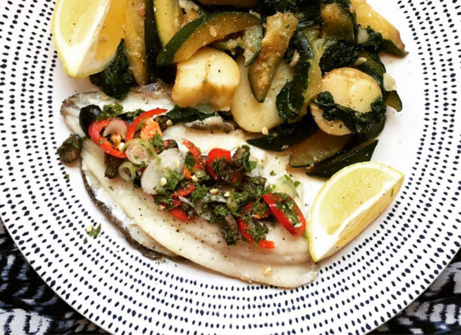 Lemon Sole & Olive Sauce Sweet Courgettes & Jersey Royals